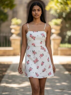H&M White Mini Dress with Pink Rose Print and Spaghetti Straps